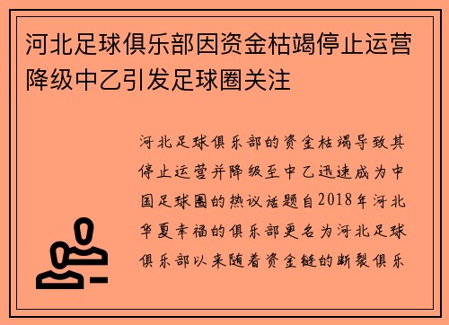 河北足球俱乐部因资金枯竭停止运营降级中乙引发足球圈关注
