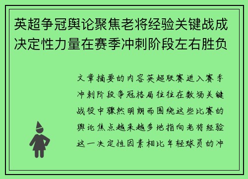 英超争冠舆论聚焦老将经验关键战成决定性力量在赛季冲刺阶段左右胜负走向 英超争冠舆论聚焦老将经验关键战成决定性力量在赛季冲刺阶段左右胜负走向